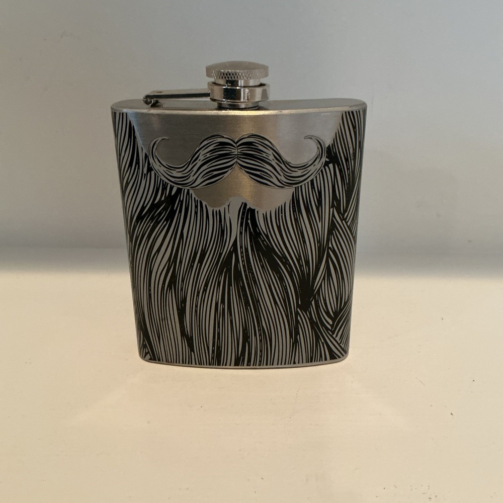 Silver & Black Metal Hip Flask 7 Oz Screw Cap Mustache Beard Novelty NWOT